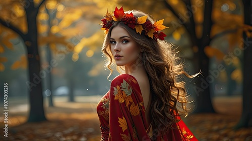 A beautiful woman with flowing hair wearing a floral autumn dress and a leaf crown stands in a sunlit park with colorful trees around her photo