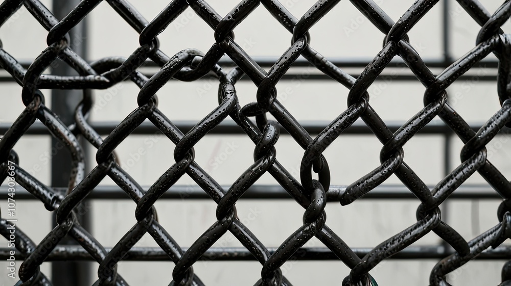 A detailed view highlights the interwoven strands of a chain link fence emphasizing its dark finish and intricate patterns against a light background A detailed view highlights the interwoven strands of a chain link fence emphasizing its dark finish and intricate patterns against a light background