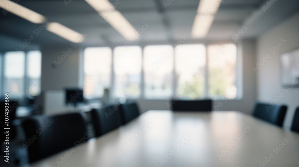 Fototapeta premium Blurred office interior meeting room with desks, chairs and monitors. Blurry working space with softly defocused effect. For background or backdrop use in business concept