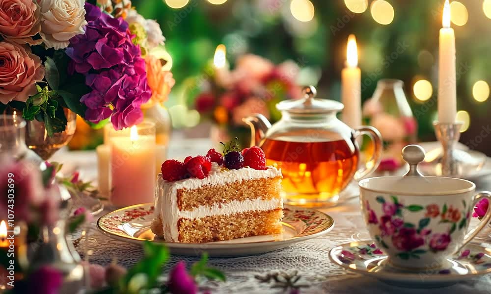 A beautifully arranged table with a slice of cake, tea, and floral decorations. A beautifully arranged table with a slice of cake, tea, and floral decorations.