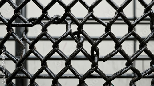 A detailed view highlights the interwoven strands of a chain link fence emphasizing its dark finish and intricate patterns against a light background