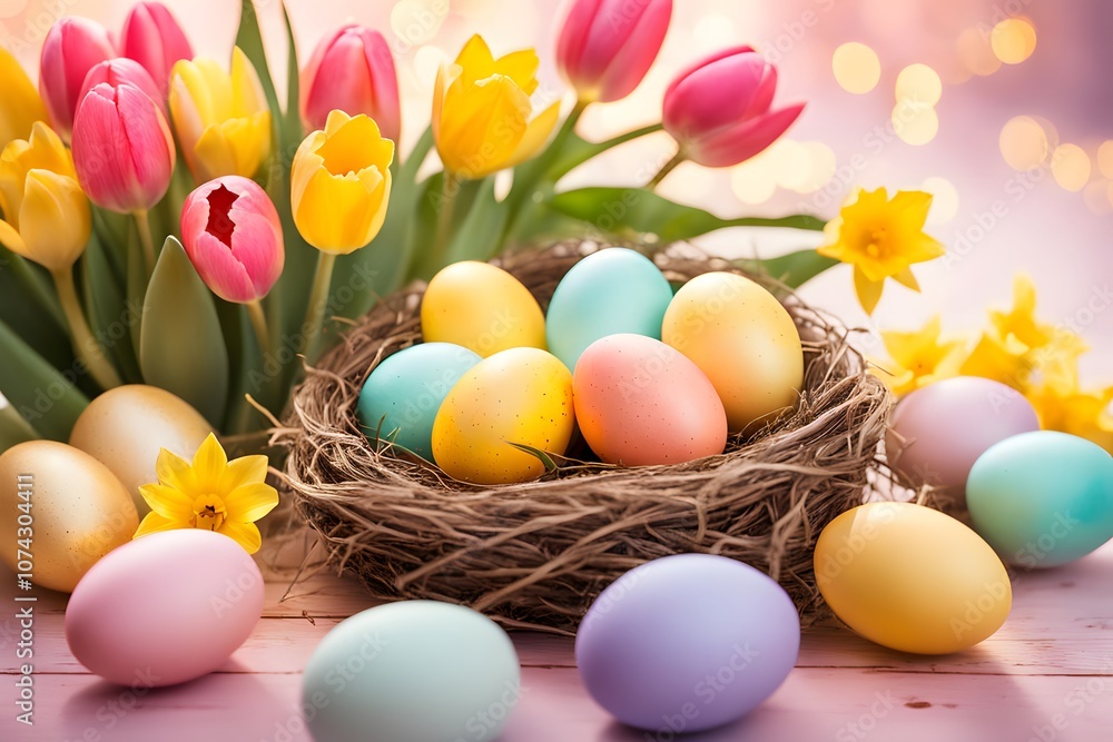 A scene with vibrant tulips and daffodils surrounding a nest of pastel easter eggs, Ai Generated A scene with vibrant tulips and daffodils surrounding a nest of pastel easter eggs, Ai Generated