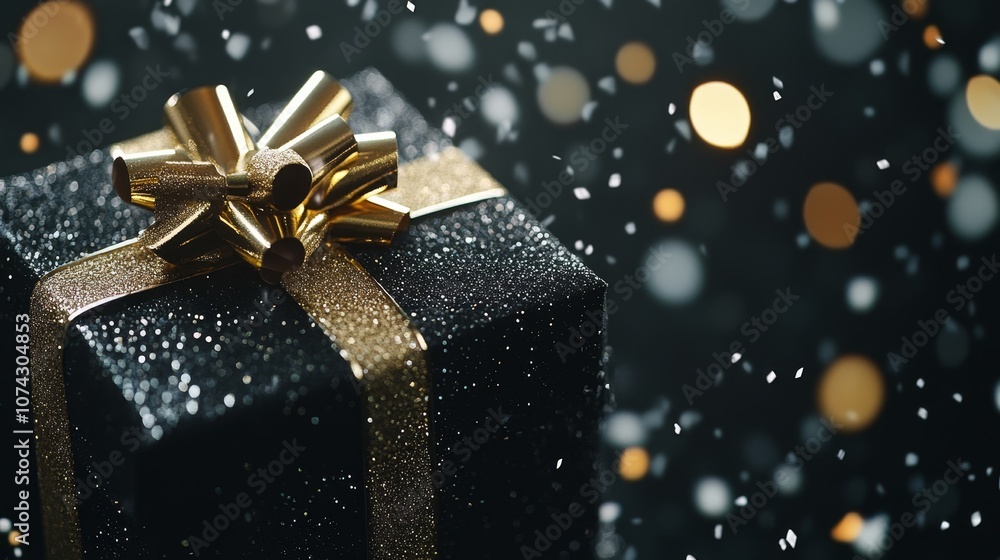 Black gift box with a gold ribbon. Black and gold bokeh background Black gift box with a gold ribbon. Black and gold bokeh background