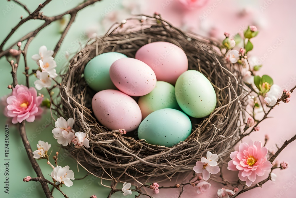 Pastel colored easter eggs in a nest made of twigs and flowers set against a glowing bokeh backdrop, Ai Generated Pastel colored easter eggs in a nest made of twigs and flowers set against a glowing bokeh backdrop, Ai Generated