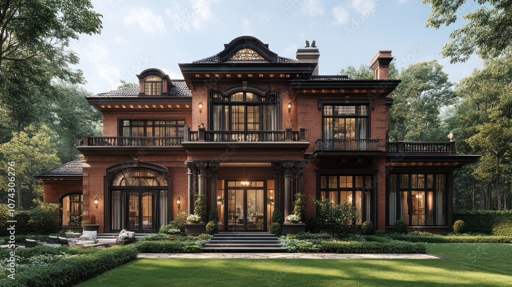 Elegant mansion surrounded by lush greenery and well-manicured lawn. Elegant mansion surrounded by lush greenery and well-manicured lawn.