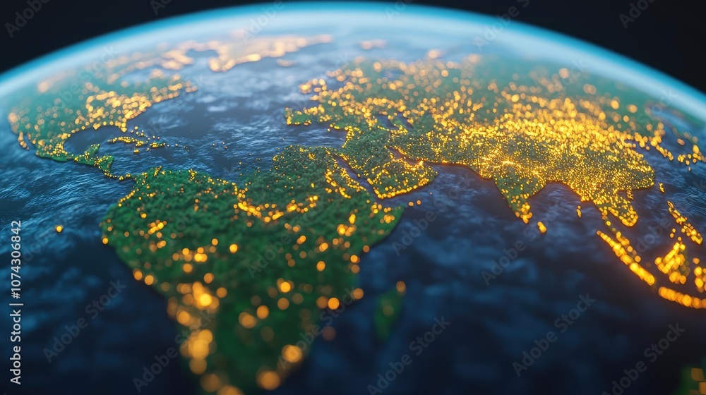 Detailed view of Earth highlighting city lights at night. Detailed view of Earth highlighting city lights at night.