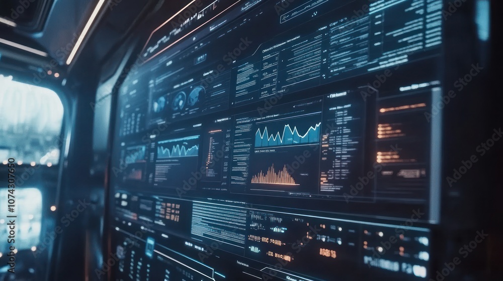 A futuristic control panel displaying data analytics and graphs. A futuristic control panel displaying data analytics and graphs.