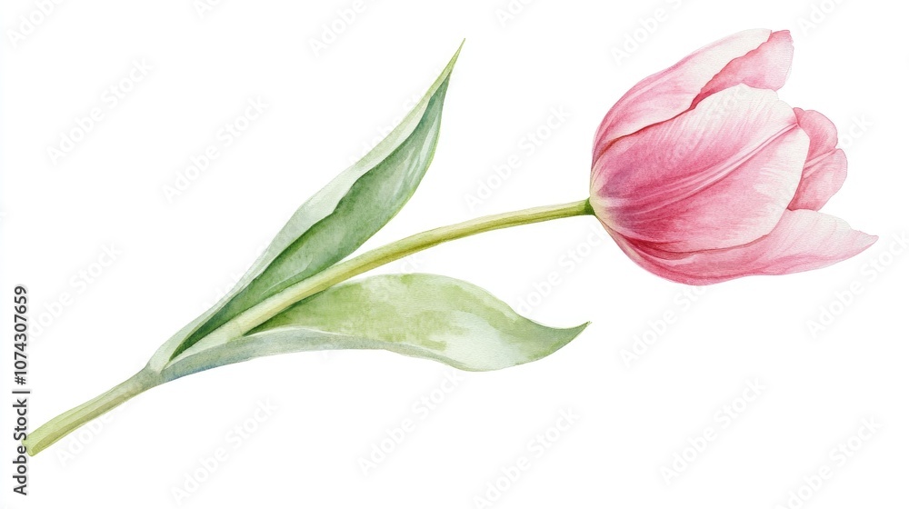 Obraz premium Pink tulip on a stem with green leaves in soft pastel hues Hand painted watercolor artwork Isolated on a white background