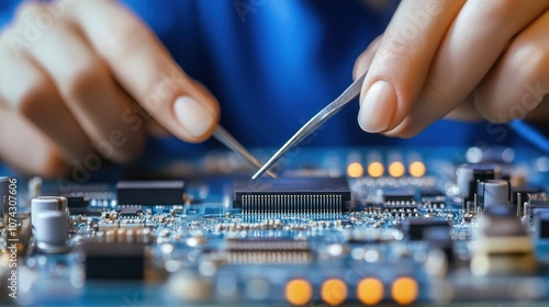 A person using tweezers to work on a circuit board, showcasing electronics assembly.