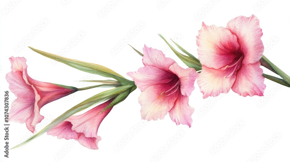 Fototapeta premium Pink Gladiolus in Watercolor on White Background