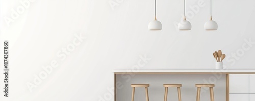 A modern kitchen interior featuring minimalist design with wooden bar stools and sleek pendant lighting, highlighting a clean and inviting atmosphere.