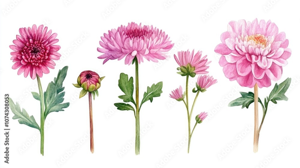 Set of watercolor pink flowers including chrysanthemum dahlia and aster Set of watercolor pink flowers including chrysanthemum dahlia and aster