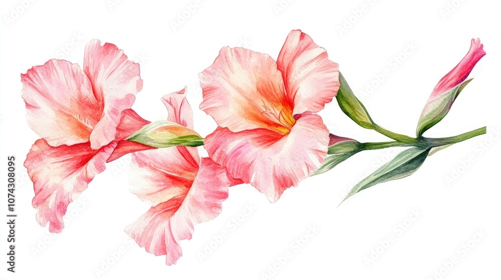 Pink Gladiolus in Watercolor on White Background Pink Gladiolus in Watercolor on White Background