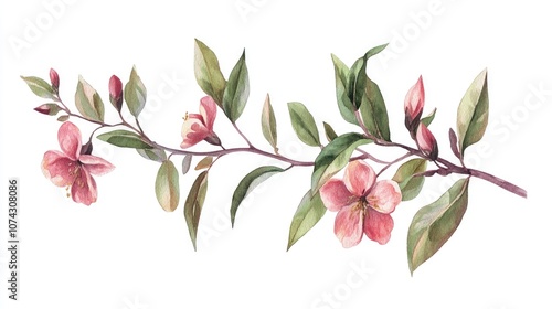 Watercolor illustration of a floral branch featuring flowers and green leaves Hand drawn for use in greeting cards wedding invitations holiday cards and various design projects