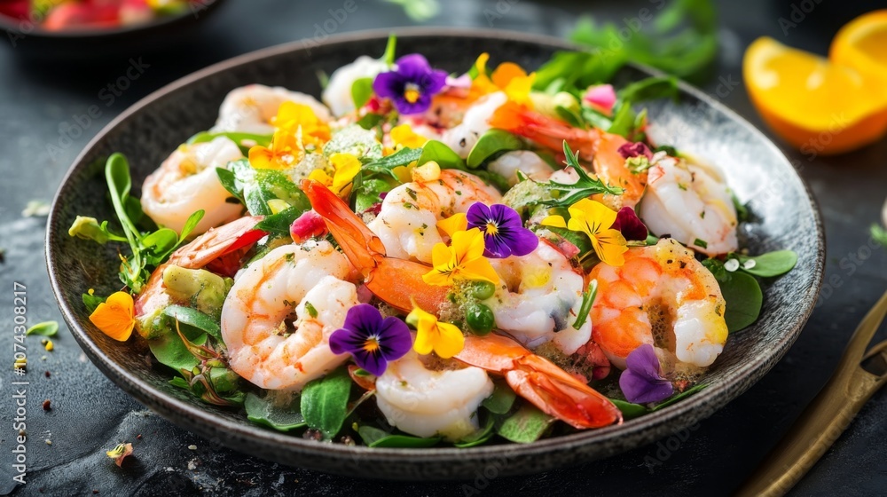 Elegant appetizer seafood salad with edible flowers Elegant appetizer seafood salad with edible flowers