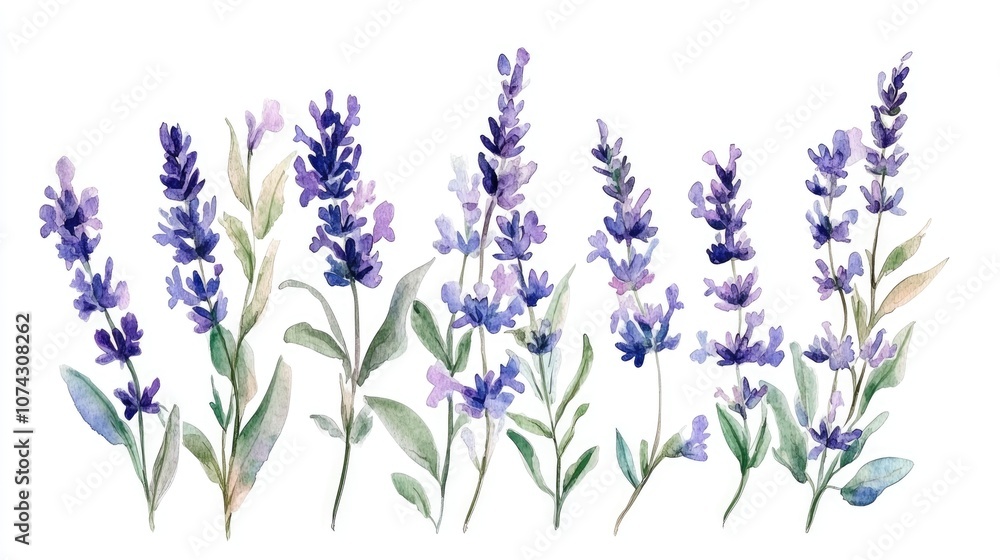 Naklejka premium Blue violet lavender botanical flowers Isolated wild spring foliage and wildflowers Watercolor illustration collection Fashionable watercolor drawing in aquarelle style Square frame border ornamen