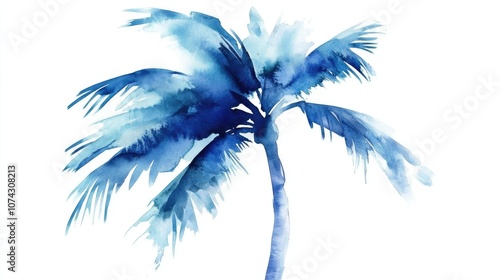 Blue palm tree watercolor illustration hand drawn and isolated on a white background