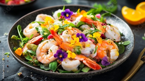 Elegant appetizer seafood salad with edible flowers