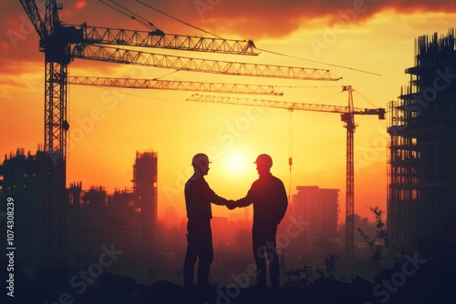 Construction Partnership at Sunset with Cranes