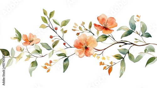 Watercolor illustration of a floral branch featuring flowers and green leaves Hand drawn for use in greeting cards wedding invitations holiday cards and various design projects
