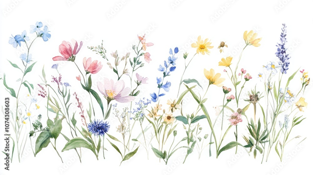 Isolated watercolor wreath of meadow herbs plants and flowers on a white background This illustration is ideal for wedding design scrapbooking textiles printing and branding Isolated watercolor wreath of meadow herbs plants and flowers on a white background This illustration is ideal for wedding design scrapbooking textiles printing and branding