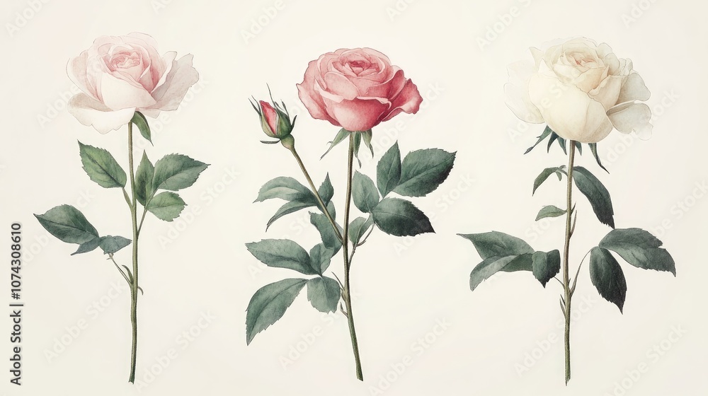 Obraz premium Collection of watercolor illustrations featuring elegant roses and peonies