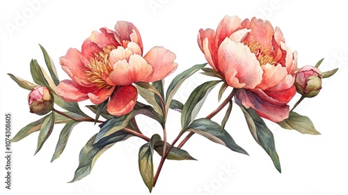 Watercolor illustration of botanical peony blooms