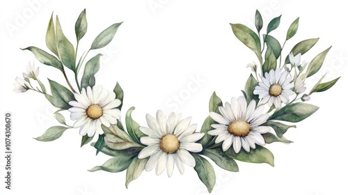 Vintage green twigs daisies and leaves arranged in a wreath composition on a white background Watercolor hand drawn illustration