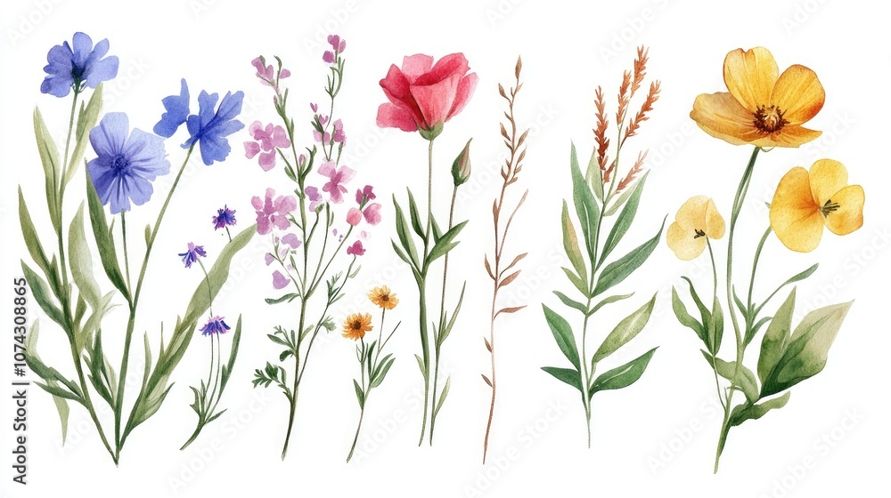 Floral bouquet featuring botanical elements Isolated wild spring leaves and wildflowers Set of watercolor background illustrations Fashion watercolor drawing with isolated elements Square frame bo Floral bouquet featuring botanical elements Isolated wild spring leaves and wildflowers Set of watercolor background illustrations Fashion watercolor drawing with isolated elements Square frame bo