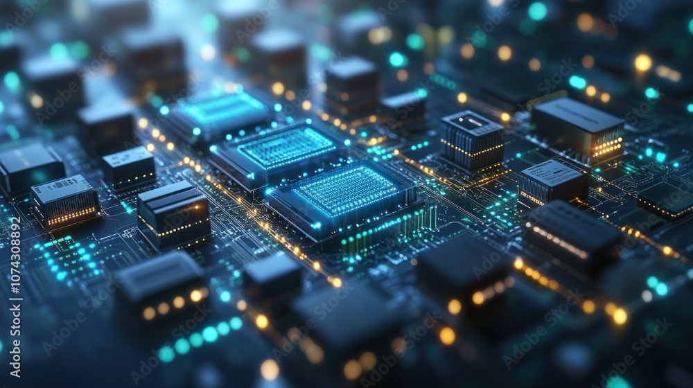 A close-up of a circuit board with glowing components and connections. A close-up of a circuit board with glowing components and connections.