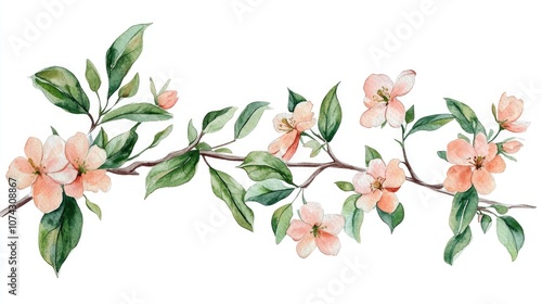 Watercolor illustration of a floral branch featuring flowers and green leaves Hand drawn for use in greeting cards wedding invitations holiday cards and various design projects