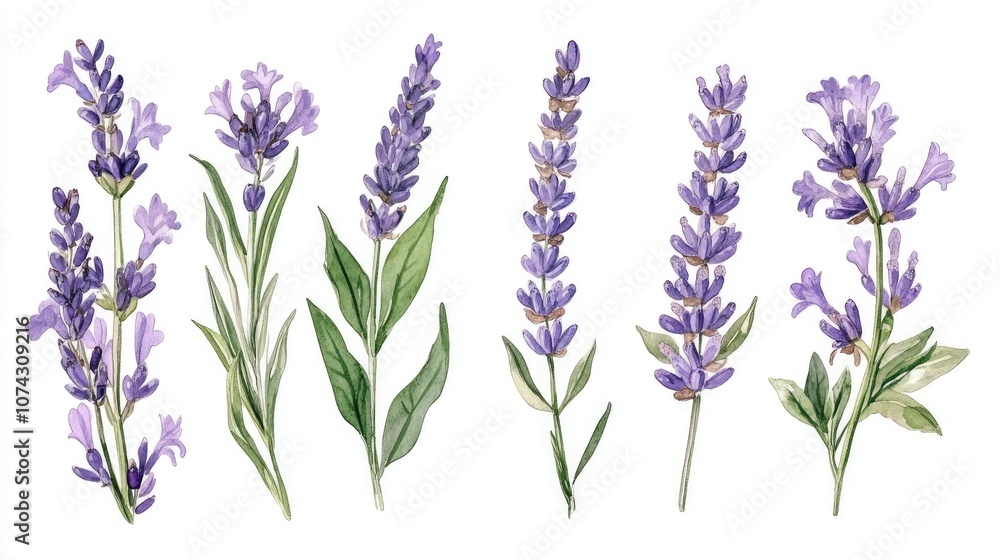 Naklejka premium Watercolor collection of lavender flowers Floral clipart featuring hand drawn botanical illustrations of lavender branches for use in invitations logos cards packaging and labeling