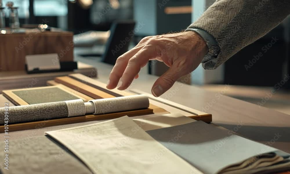 A hand selects fabric swatches from a table, showcasing various textures and colors. A hand selects fabric swatches from a table, showcasing various textures and colors.