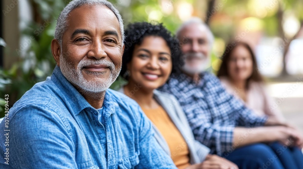 A group of four smiling individuals enjoying a sunny day outdoors. A group of four smiling individuals enjoying a sunny day outdoors.