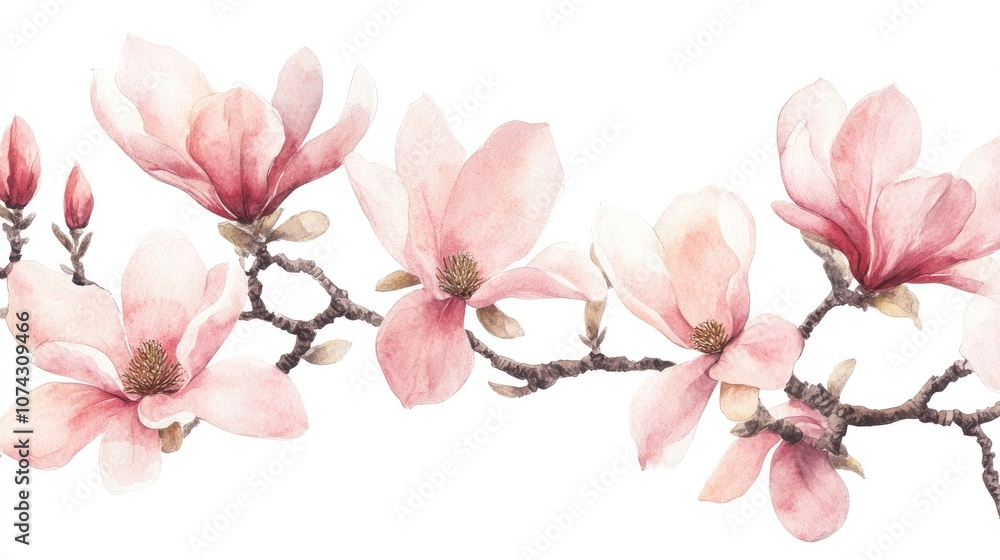 Obraz premium Pink magnolia flower branches watercolor illustration on a white background spring flora hand drawn design