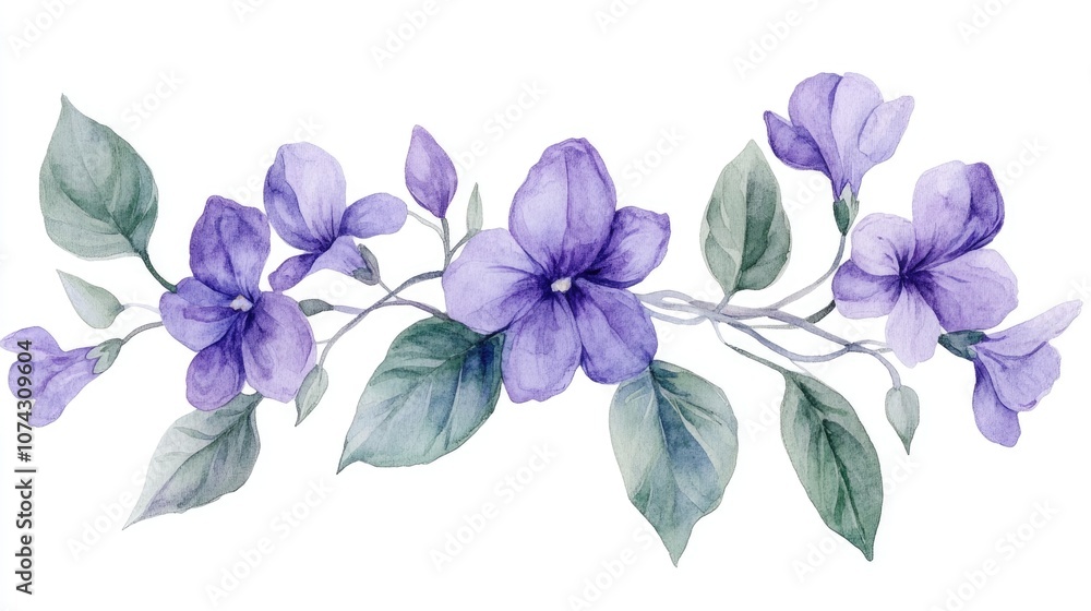 Fototapeta premium Watercolor arrangement of violet flowers with leaves Composition of wild plants featuring purple petals Botanical clipart for wedding designs and postcards Hand drawn illustration