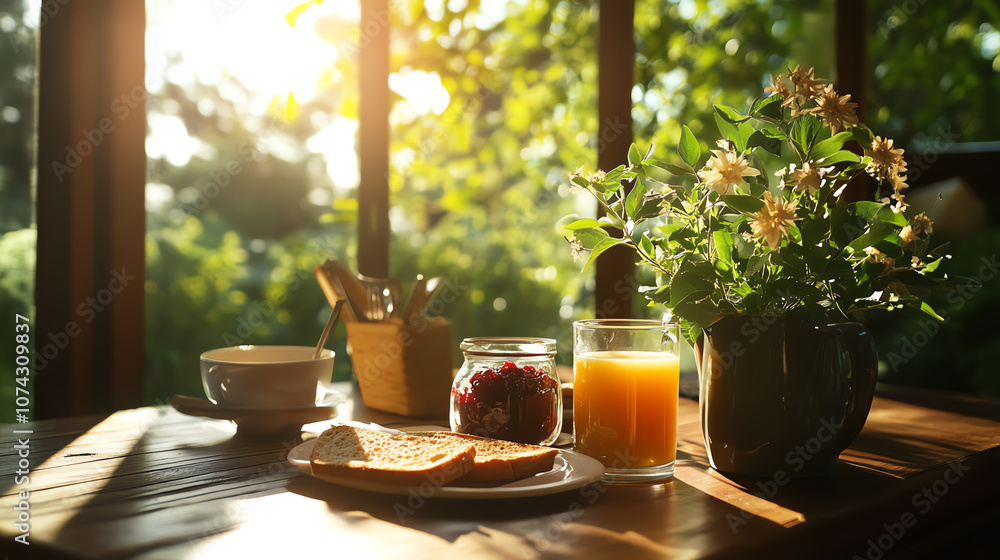 7 Rustic breakfast setup with toast, fresh juice, and jam, countryside view, natural light streaming in 7 Rustic breakfast setup with toast, fresh juice, and jam, countryside view, natural light streaming in