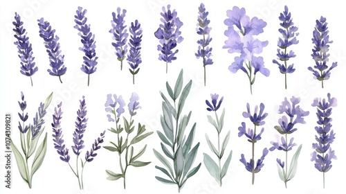 Watercolor collection of lavender flowers Hand drawn botanical clipart of lavender branches for use in wedding invitations logos cards packaging and labels photo