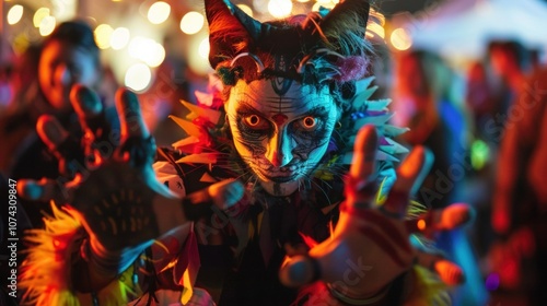 A woman dressed as a cat slinks through the crowd her claws made out of painted popsicle sticks. photo