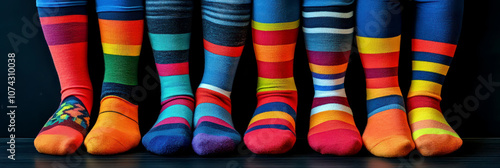 Colorful socks celebrating World down syndrome day: diversity and unity. Horizontal banner. Copy space photo