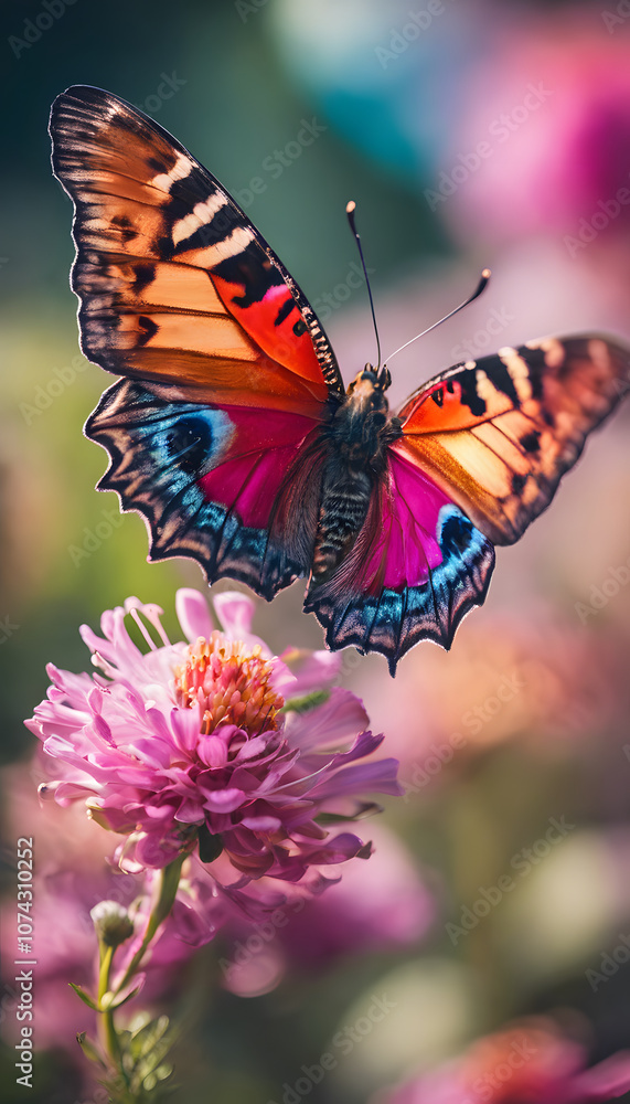A vibrant butterfly with colorful wings perched on a pink flower, surrounded by a blurred background of more flowers, creating a serene and natural scene. A vibrant butterfly with colorful wings perched on a pink flower, surrounded by a blurred background of more flowers, creating a serene and natural scene.