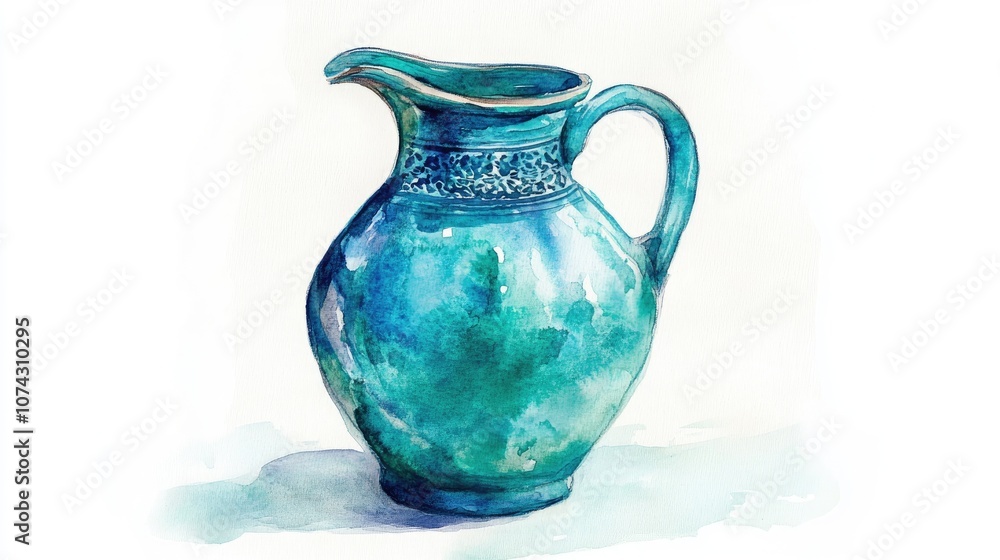 Watercolor illustration of a turquoise jug on a white background Vintage hand drawn sketch design in a traditional style Watercolor illustration of a turquoise jug on a white background Vintage hand drawn sketch design in a traditional style