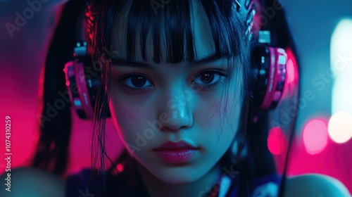 A young woman with headphones in a colorful, neon-lit environment.