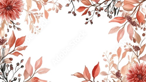 Hand painted watercolor border featuring a wreath of branches leaves barberry berries and dahlia flowers Ideal for autumn wedding cards invitations and labels