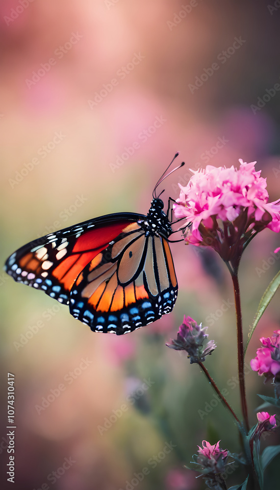 Obraz premium A vibrant butterfly with colorful wings perched on a pink flower, surrounded by a blurred background of more flowers, creating a serene and natural scene.