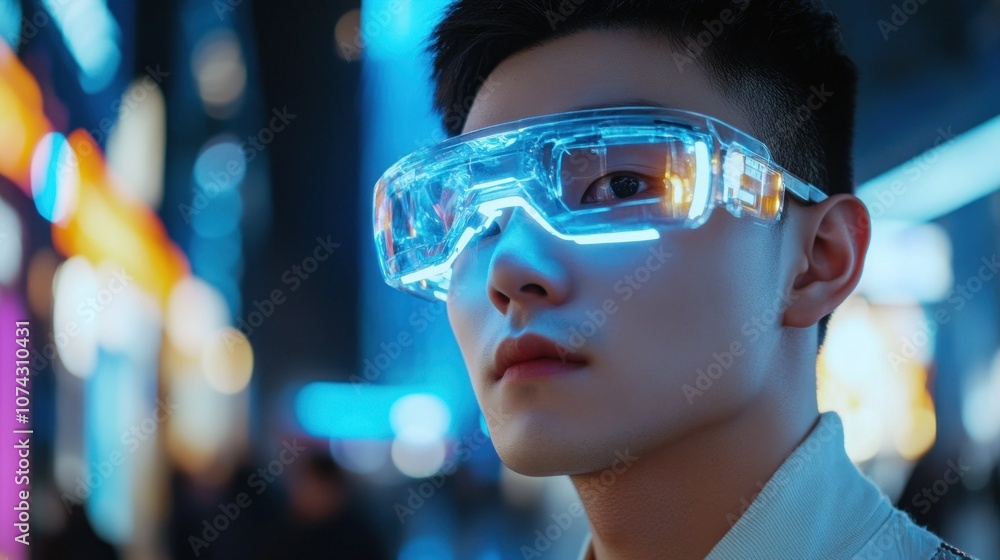 Man Wearing Futuristic Glasses in a City Setting Man Wearing Futuristic Glasses in a City Setting