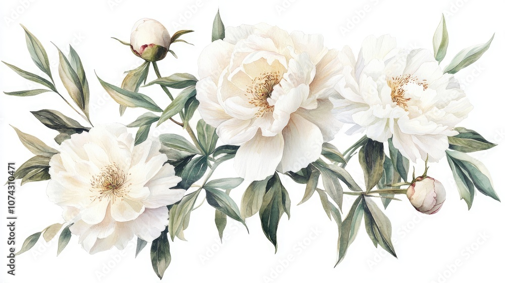 Obraz premium Watercolor bouquet of peonies featuring a blend of white and pink flowers along with green leaves on a white background Suitable for greeting cards wedding invitations and fabric designs