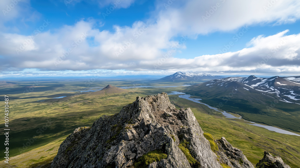 Fototapeta premium Rugged Mountain Landscape with Vast Valley View, Expansive Natural Scenery Highlighting Wilderness and Adventure