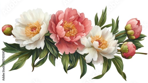 Watercolor illustration of a coral pink and white floral bouquet featuring peony flowers buds and green leaves isolated for design purposes This hand drawn spring flower arrangement is ideal for c