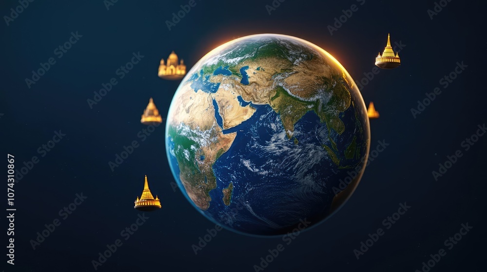 Fototapeta premium Globe surrounded by famous cultural landmarks, dark background, artistic rendering.